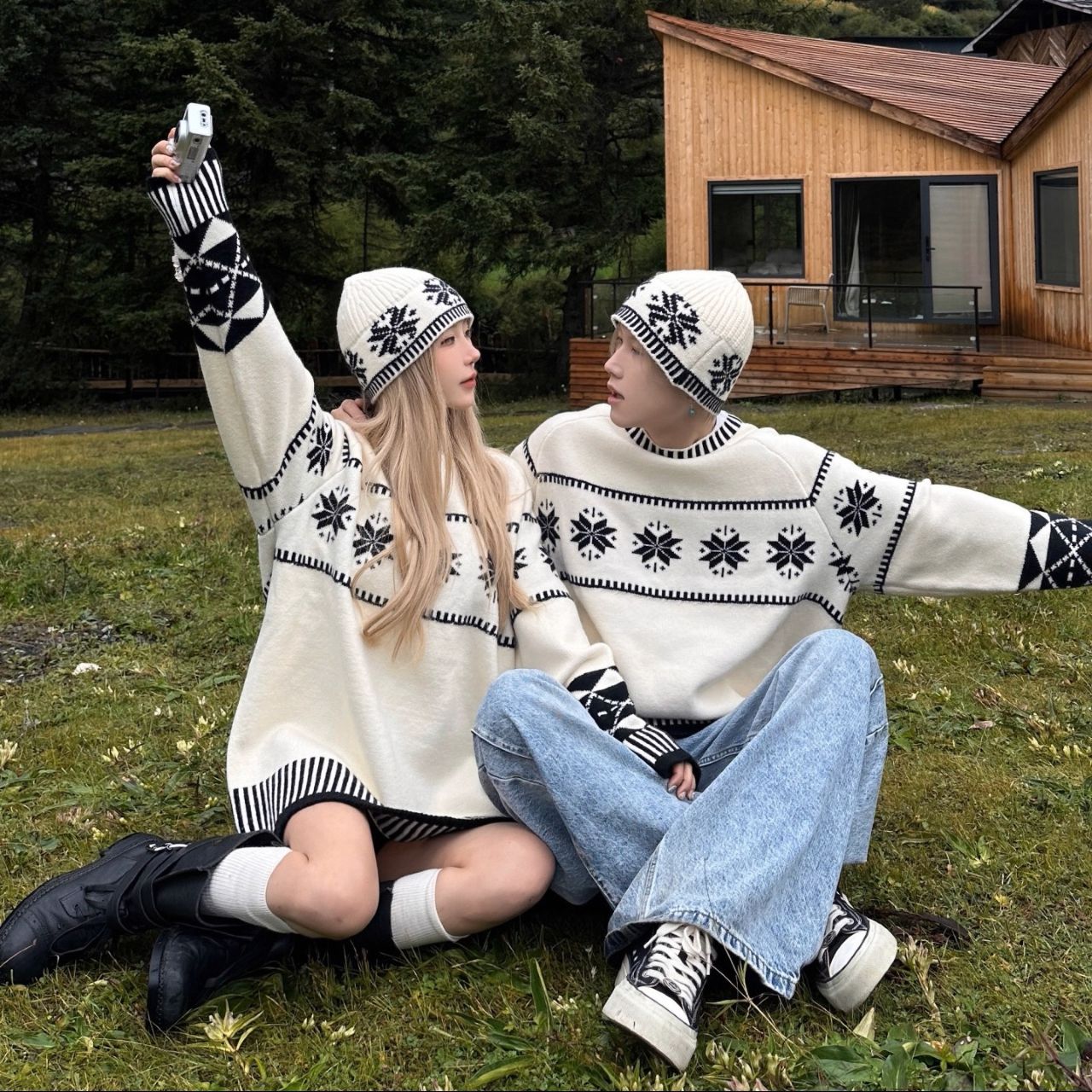 カップルペアルック 北欧テイスト ゆったりニット 