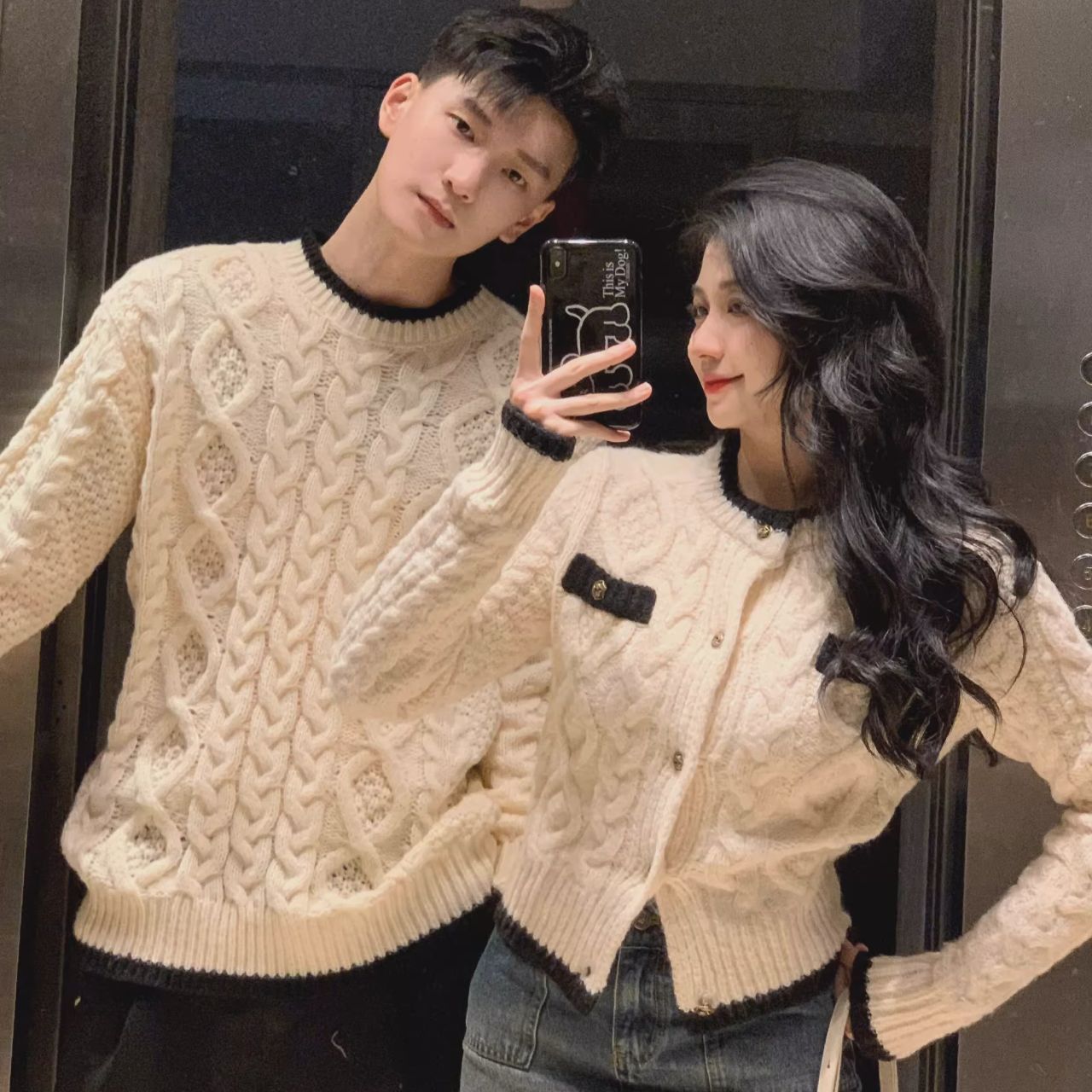 カップルペアルック ケーブル編みニット カーディガン