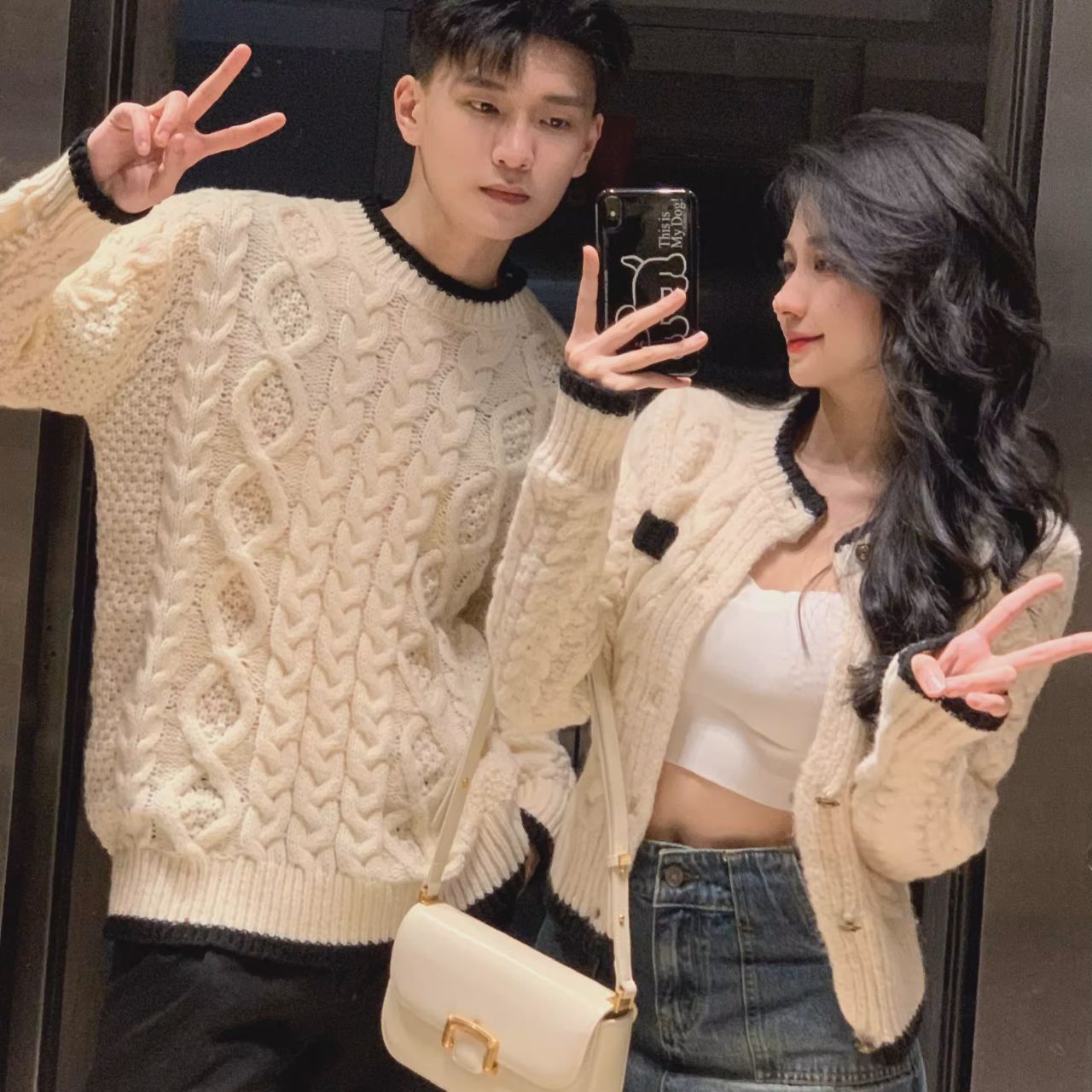 カップルペアルック ケーブル編みニット カーディガン