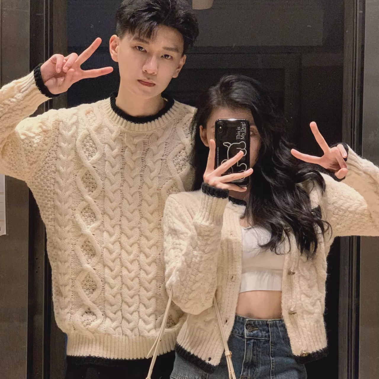 カップルペアルック ケーブル編みニット カーディガン