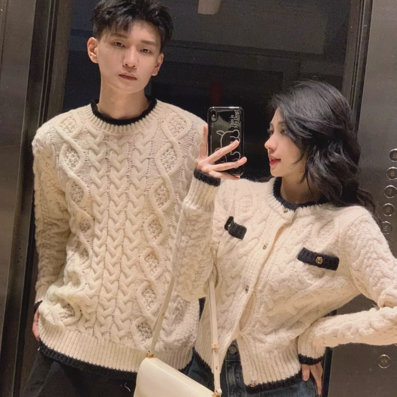 カップルペアルック ケーブル編みニット カーディガン