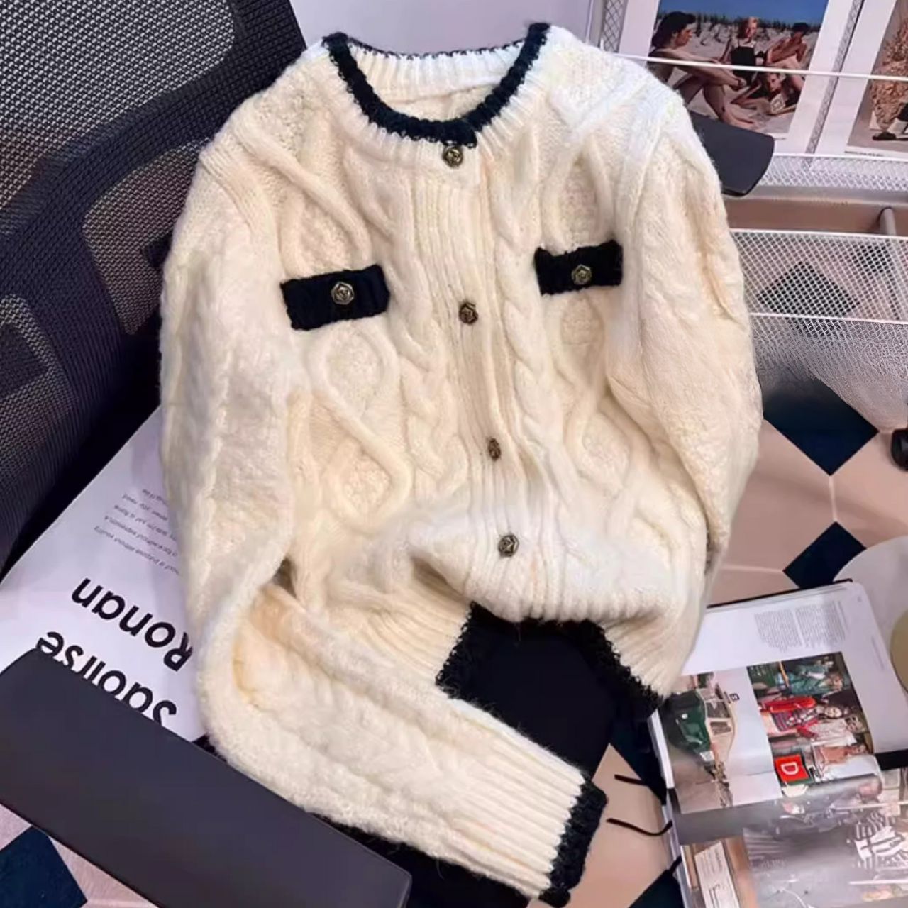 カップルペアルック ケーブル編みニット カーディガン