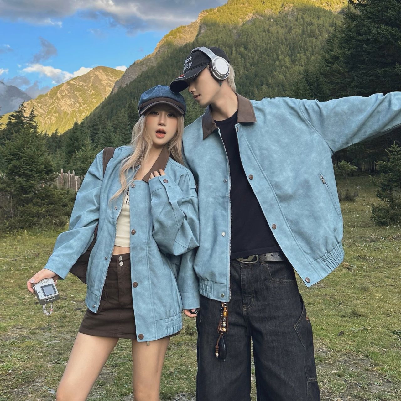 カップルペアルック ブラウン×ブルー ヴィンテージジャケット