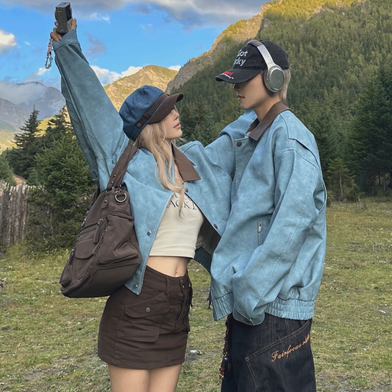 カップルペアルック ブラウン×ブルー ヴィンテージジャケット