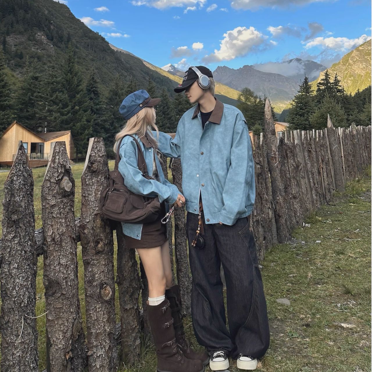 カップルペアルック ブラウン×ブルー ヴィンテージジャケット