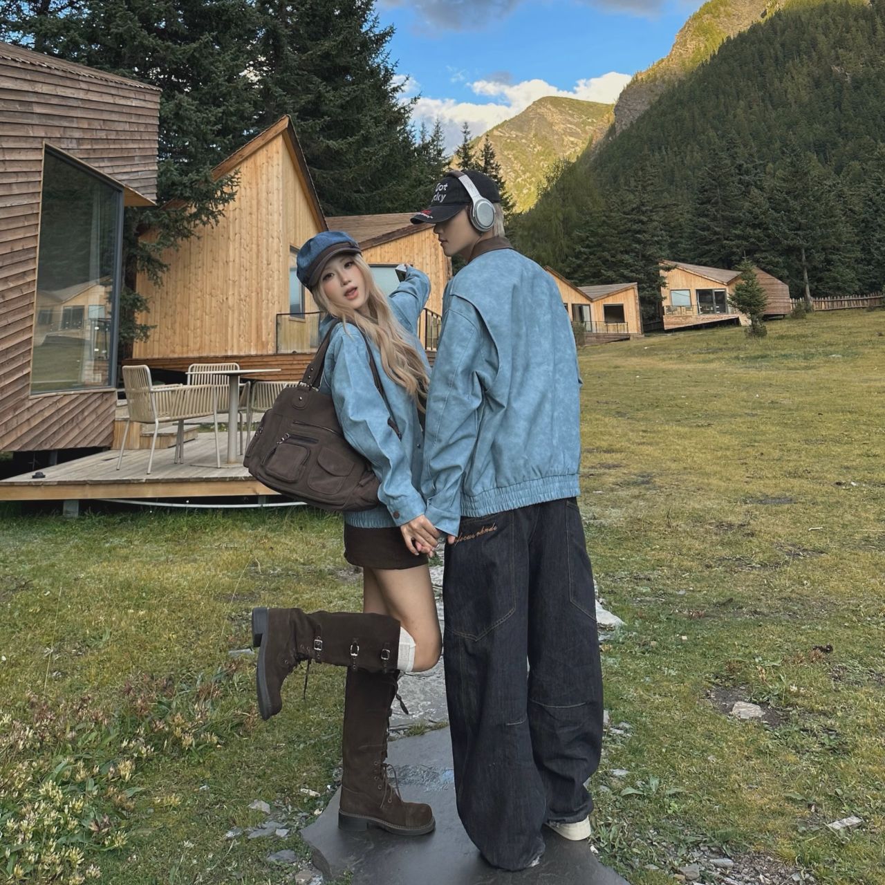 カップルペアルック ブラウン×ブルー ヴィンテージジャケット