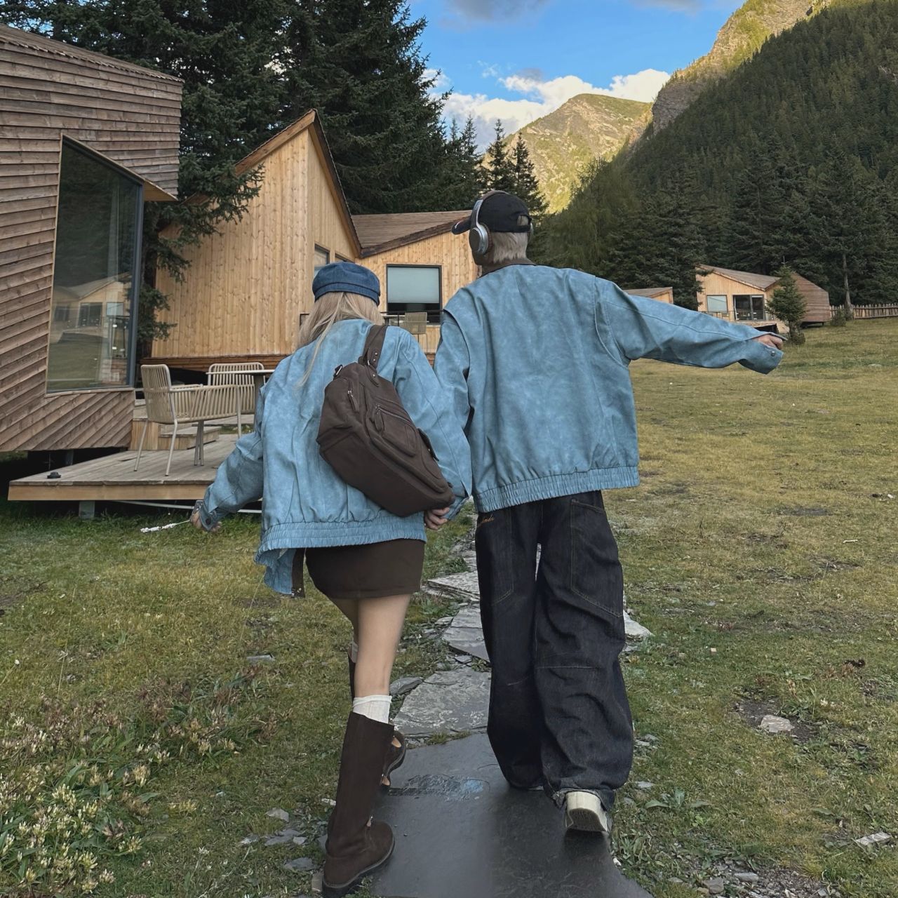 カップルペアルック ブラウン×ブルー ヴィンテージジャケット