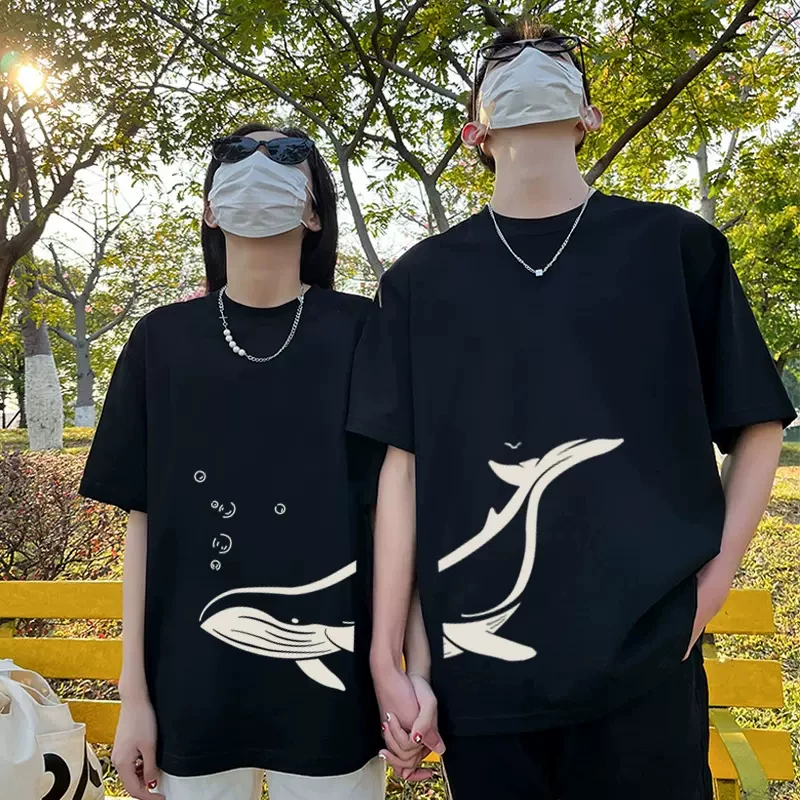 【2点セット】カップルペアルック つながるクジラTシャツ