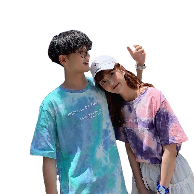 カップルペアルック パステルタイダイ柄 ロゴプリントTシャツ