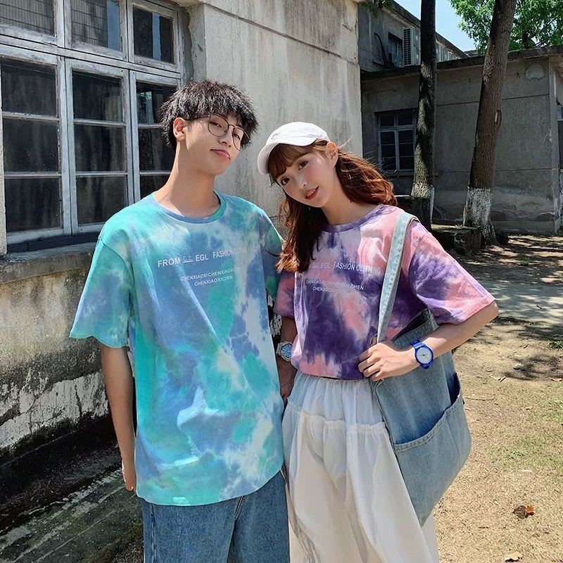 カップルペアルック パステルタイダイ柄 ロゴプリントTシャツ