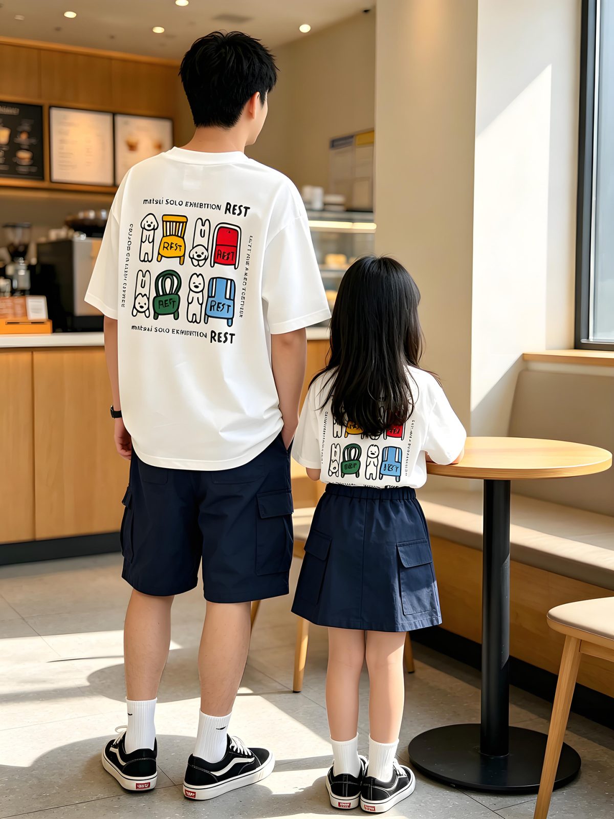 親子ペアルック カラフルチェア＆アニマル バックプリントTシャツ