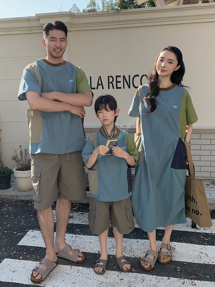 親子ペアルック 速乾 カラーブロック 半袖Tシャツ ワンピース