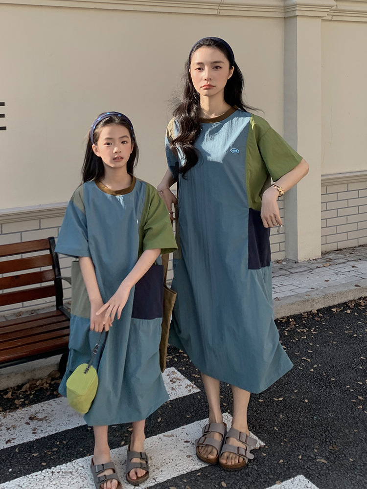 親子ペアルック 速乾 カラーブロック 半袖Tシャツ ワンピース
