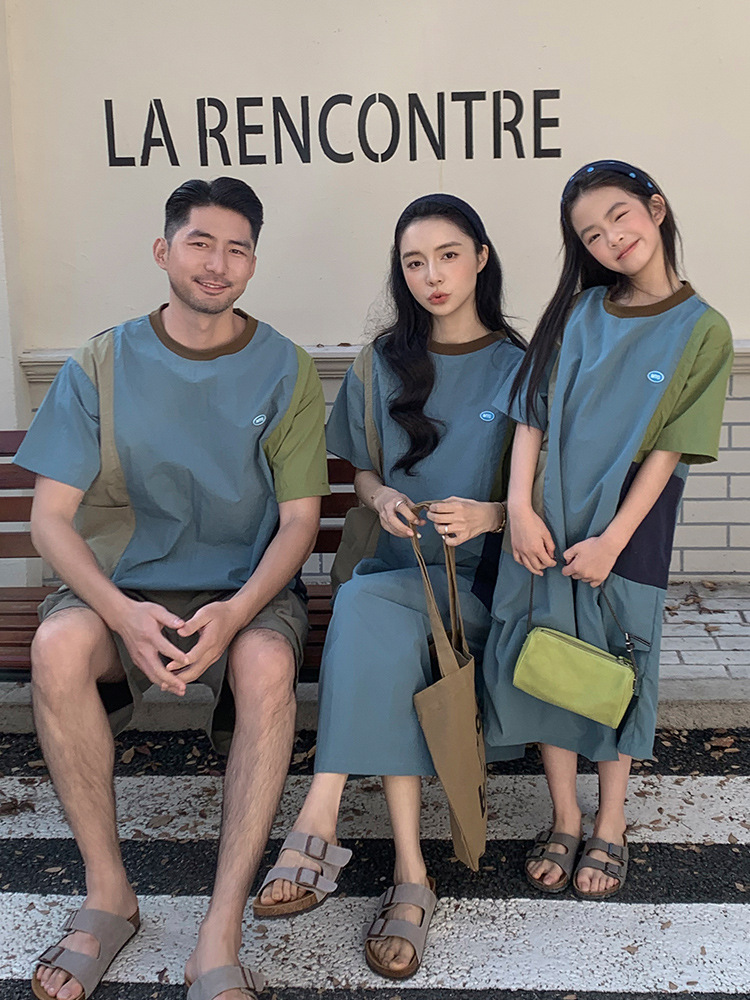 親子ペアルック 速乾 カラーブロック 半袖Tシャツ ワンピース
