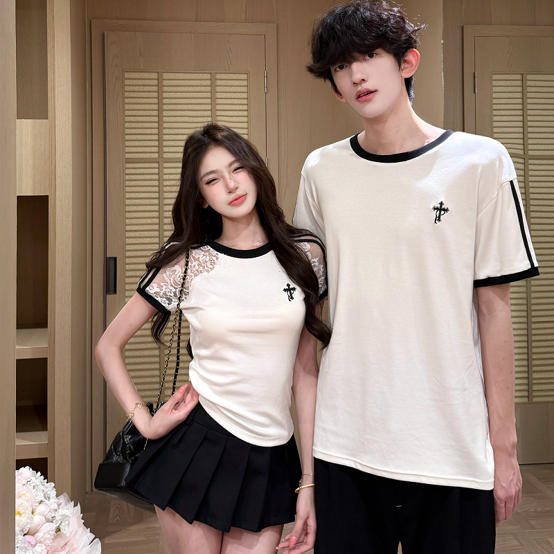 カップルペアルック クロスロゴ リンガーTシャツ