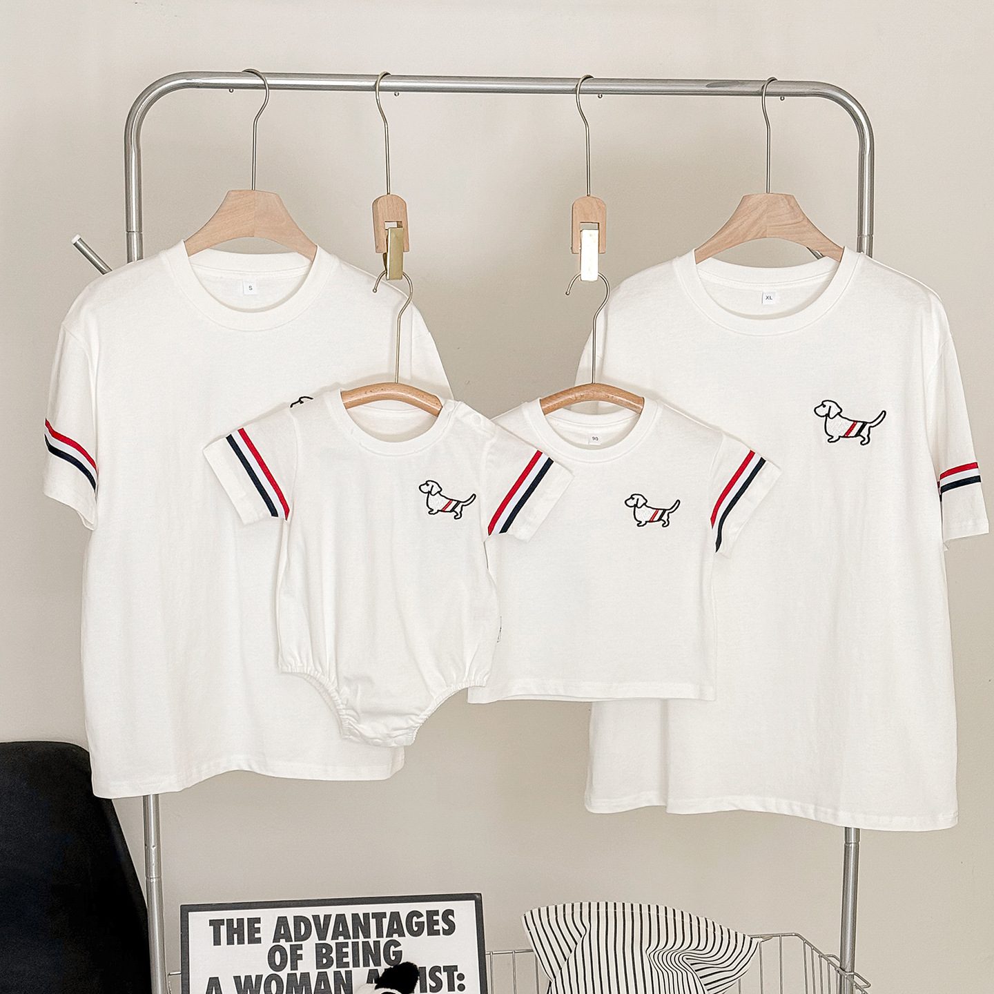 親子ペアルック フレンチカジュアル風 トリコロール＆ドッグTシャツ・ロンパース