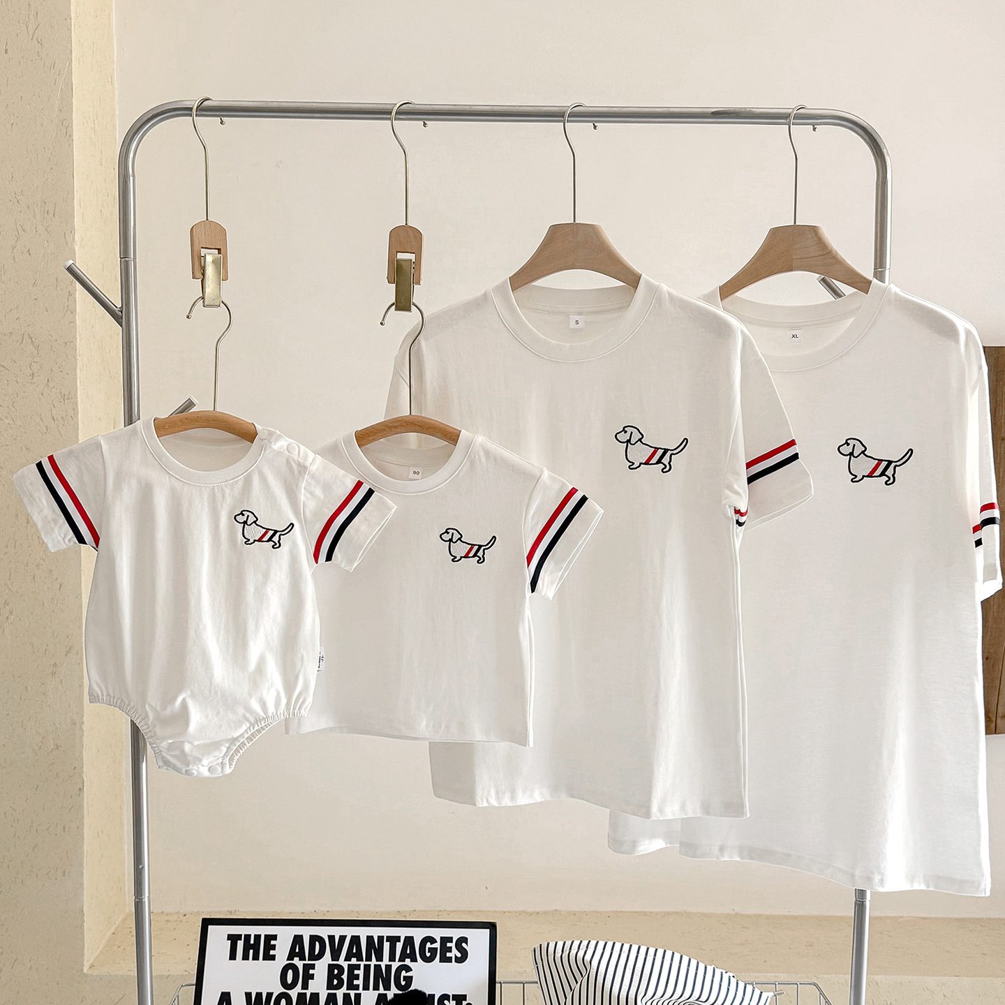 親子ペアルック フレンチカジュアル風 トリコロール＆ドッグTシャツ・ロンパース