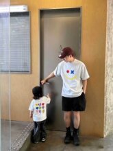 親子ペアルック スマイル&マルチハートTシャツ ブラック