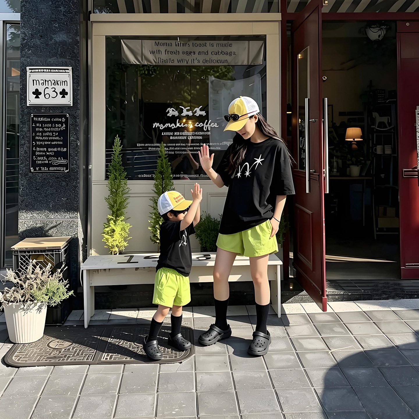 親子ペアルック ポップスターロゴ ブラックTシャツ