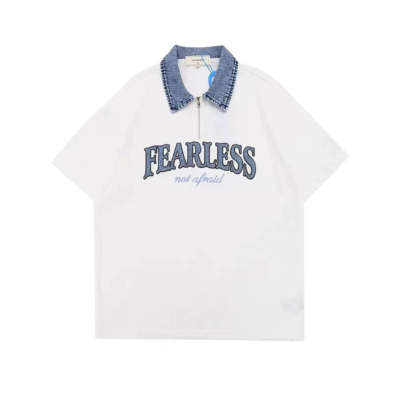 カップルペアルック デニム襟 FEARLESSロゴ ハーフジップシャツ