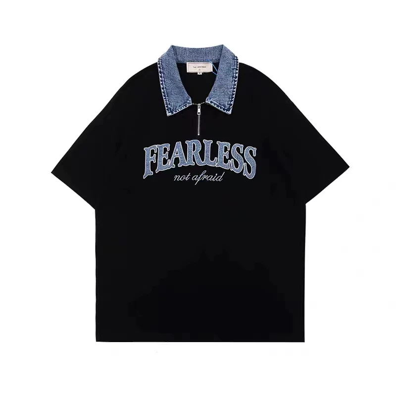 カップルペアルック デニム襟 FEARLESSロゴ ハーフジップシャツ