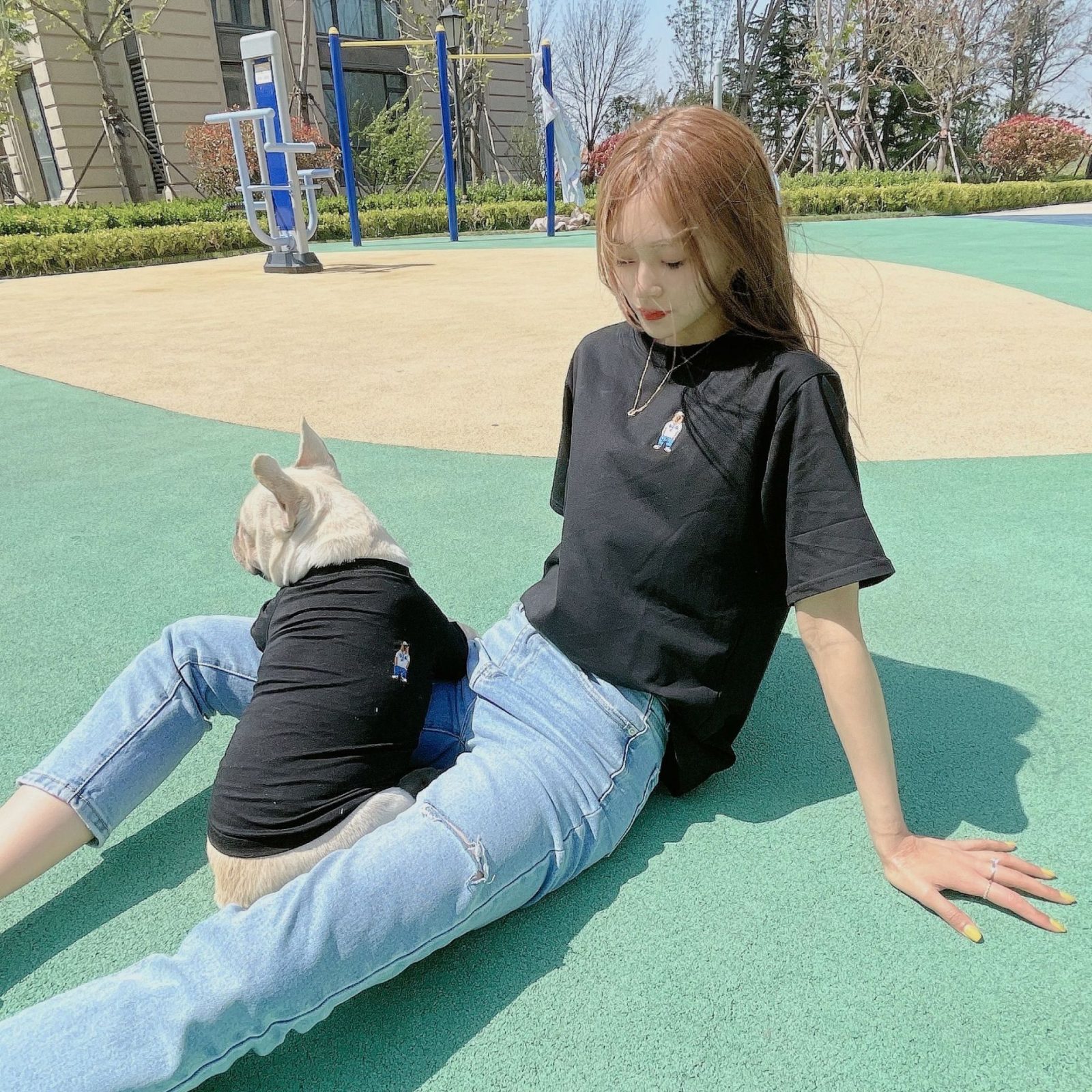 ペットペアルック ワンポイント刺繍 シンプルTシャツ