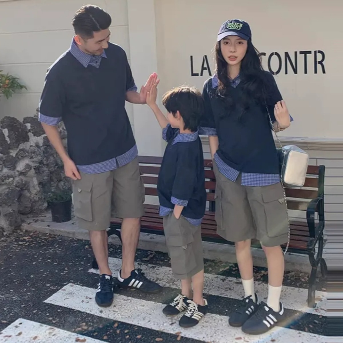 親子ペアルック シャツレイヤード風 5分袖トップス