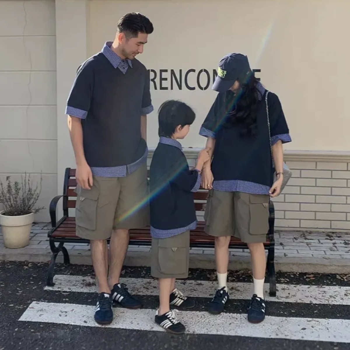 親子ペアルック シャツレイヤード風 5分袖トップス