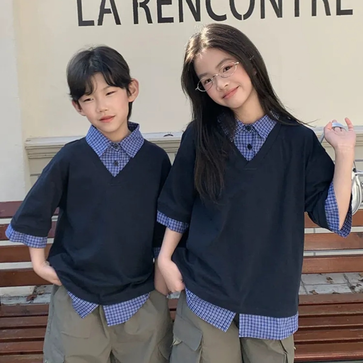 親子ペアルック シャツレイヤード風 5分袖トップス