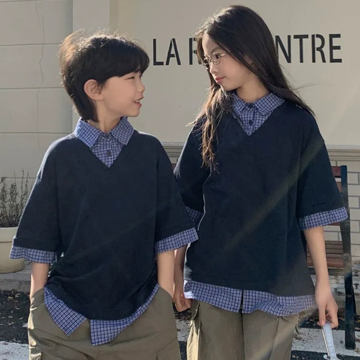 親子ペアルック シャツレイヤード風 5分袖トップス