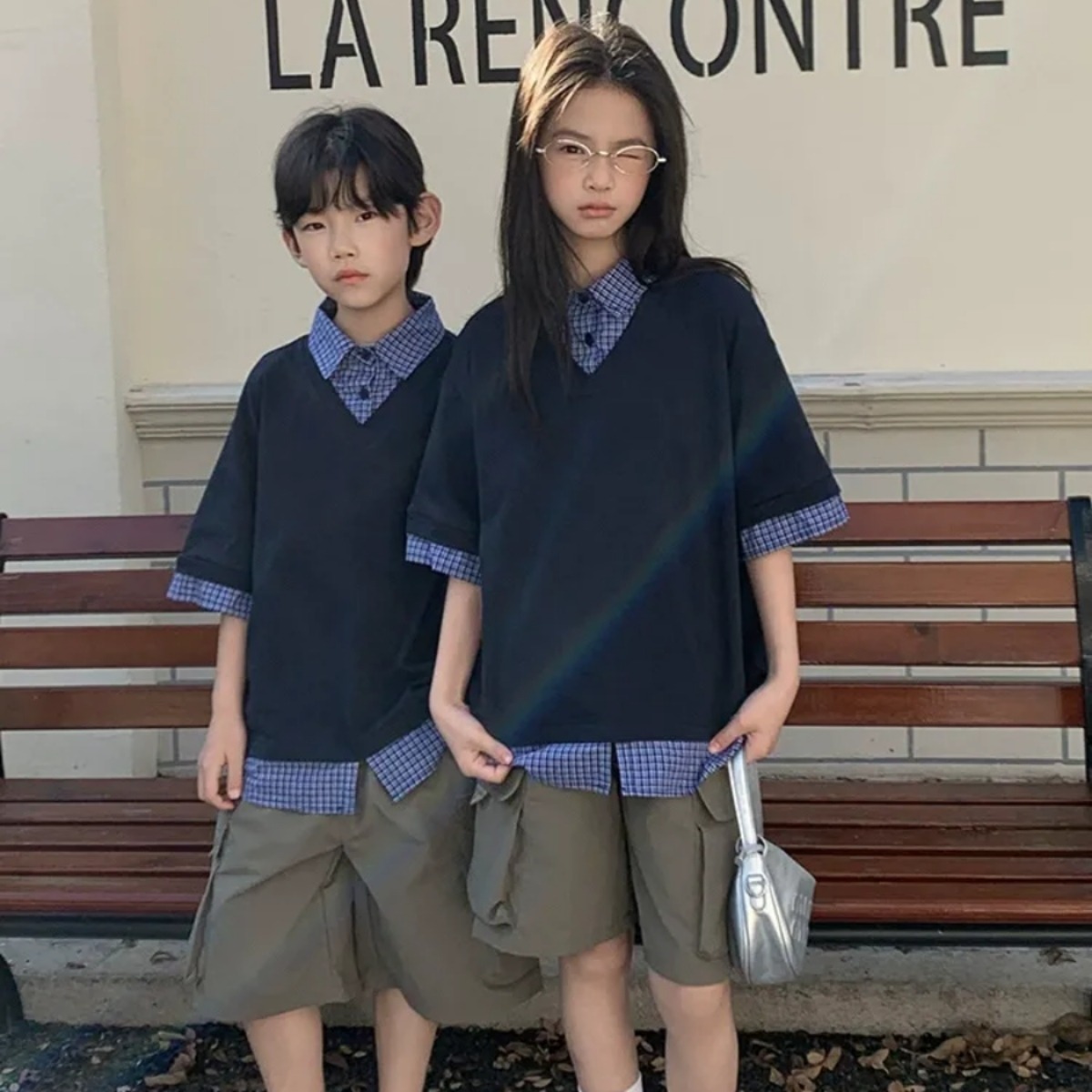 親子ペアルック シャツレイヤード風 5分袖トップス