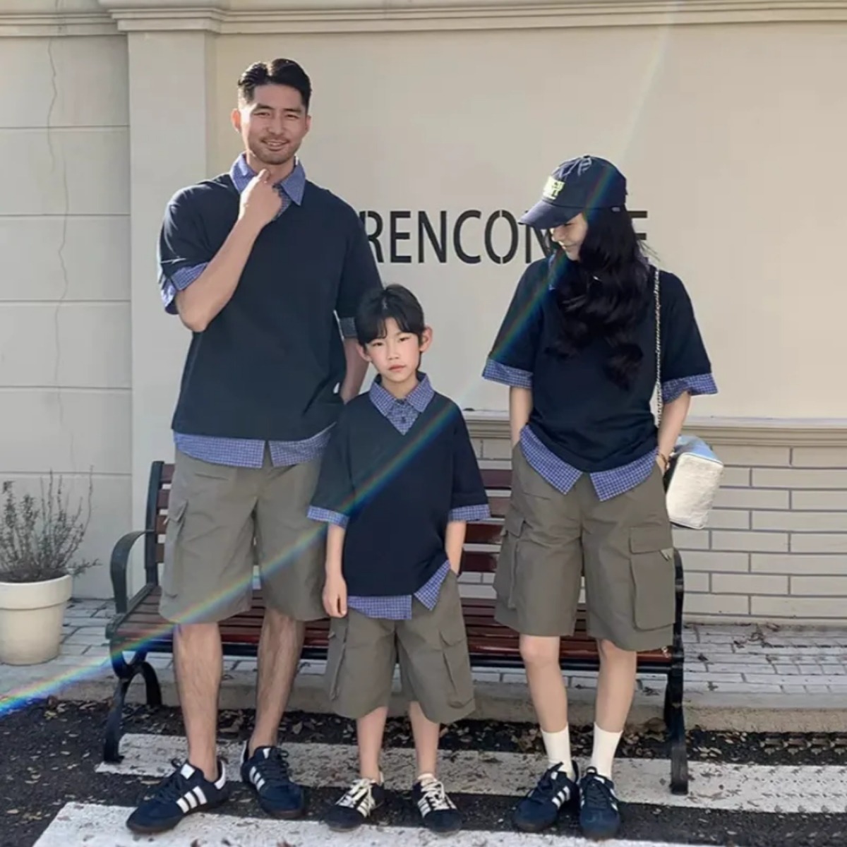 親子ペアルック シャツレイヤード風 5分袖トップス