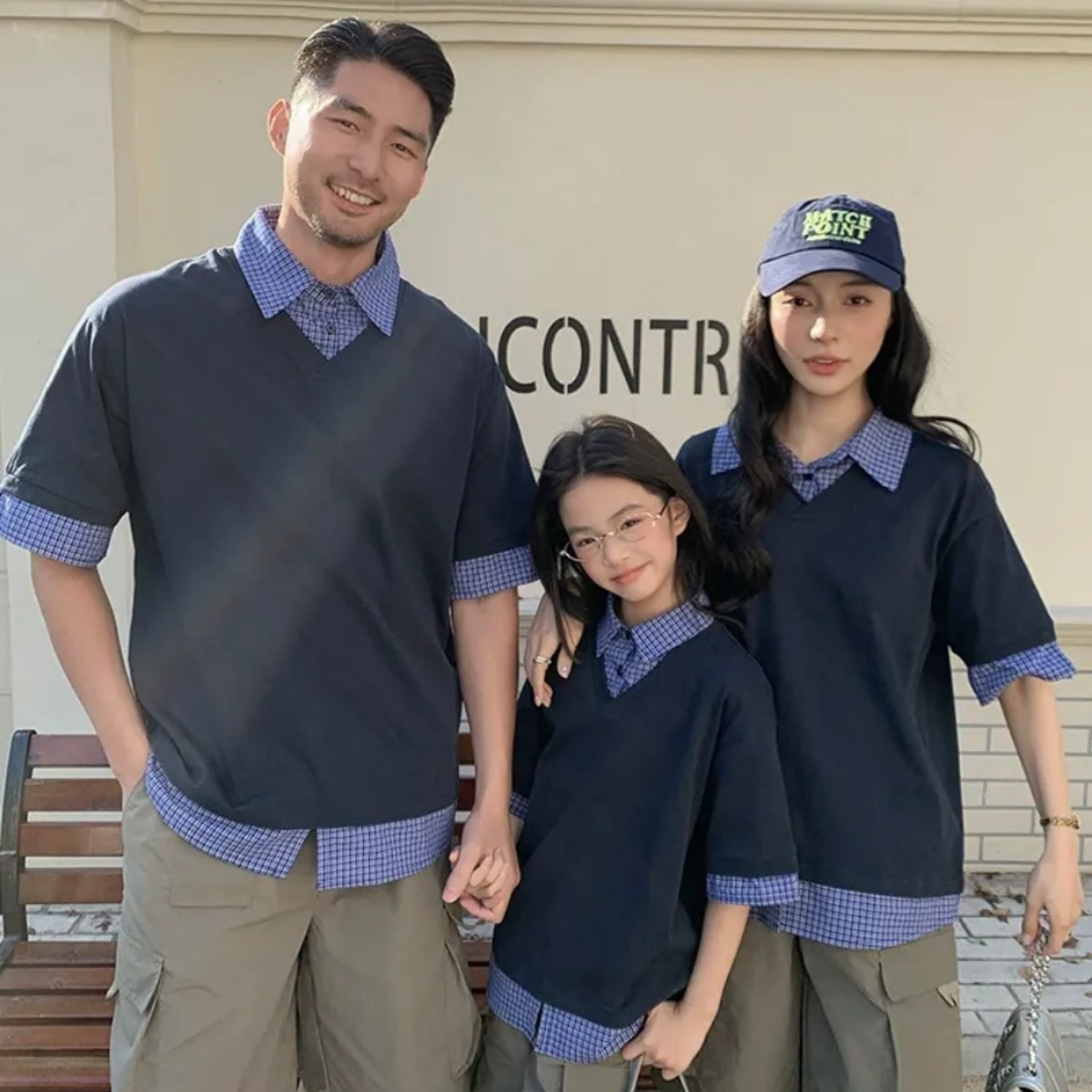 親子ペアルック シャツレイヤード風 5分袖トップス