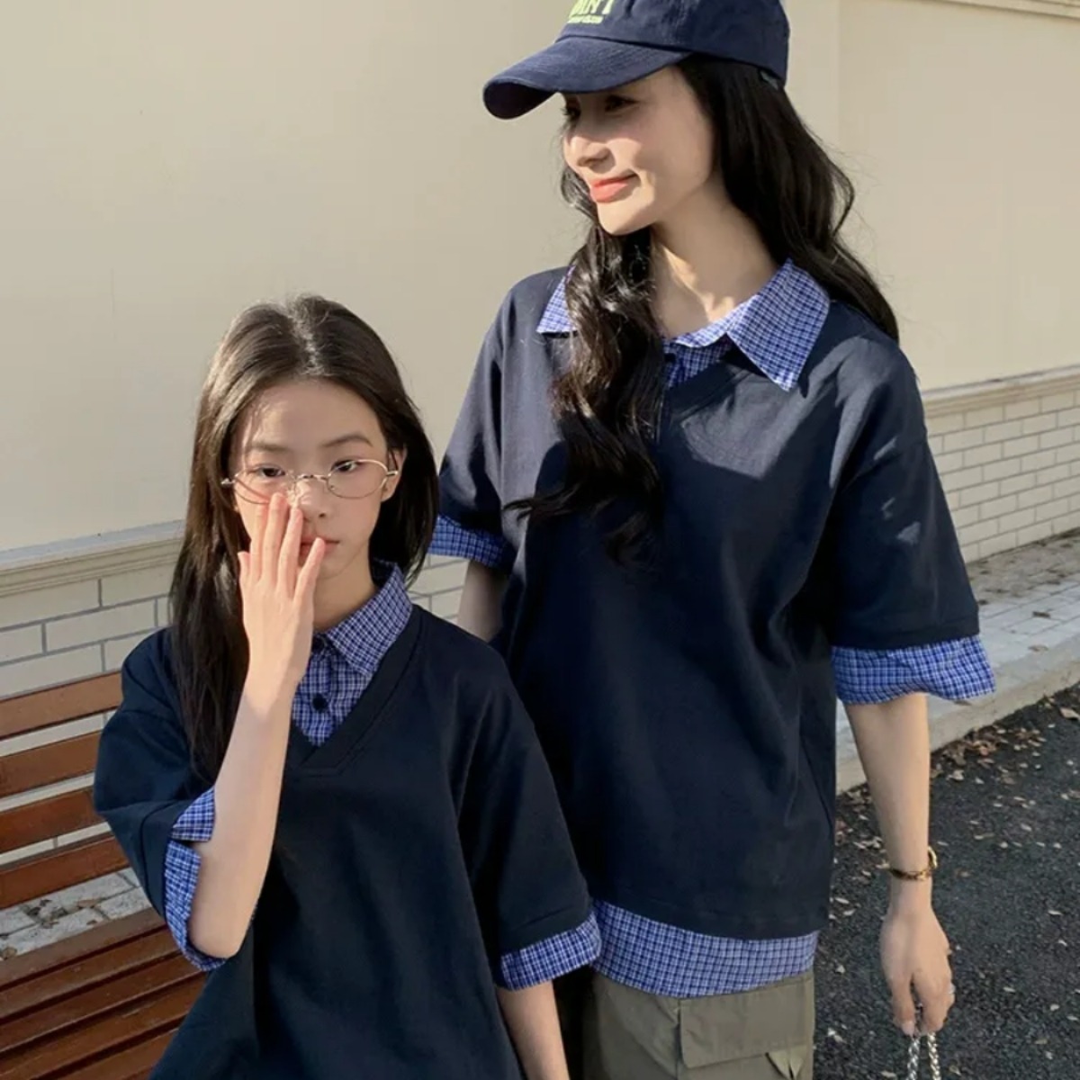 親子ペアルック シャツレイヤード風 5分袖トップス