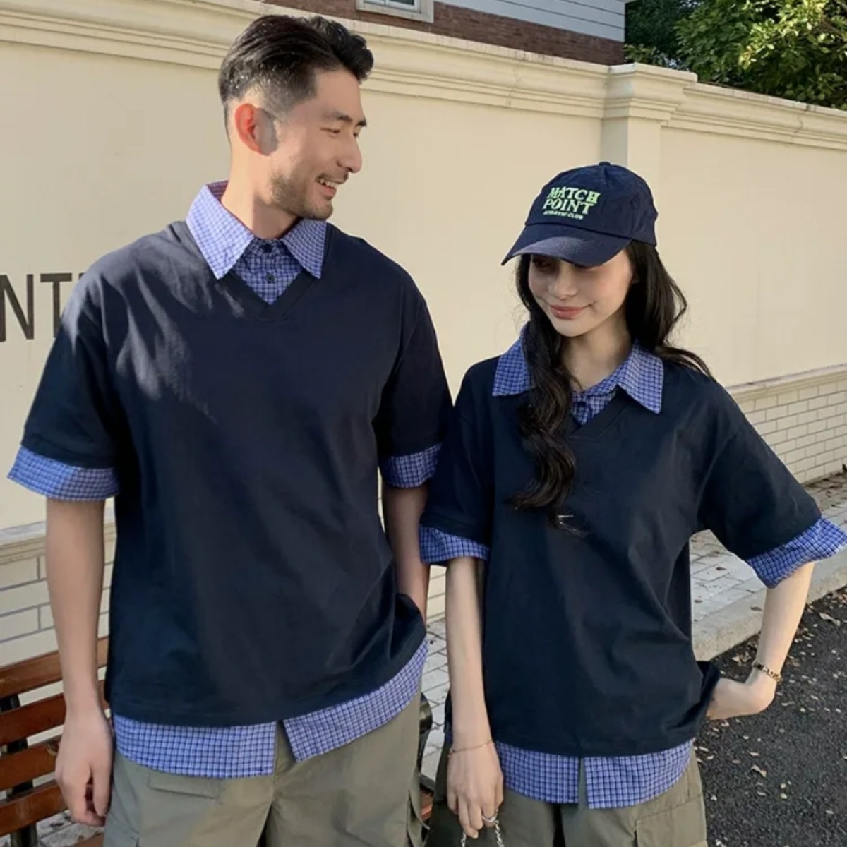 親子ペアルック シャツレイヤード風 5分袖トップス