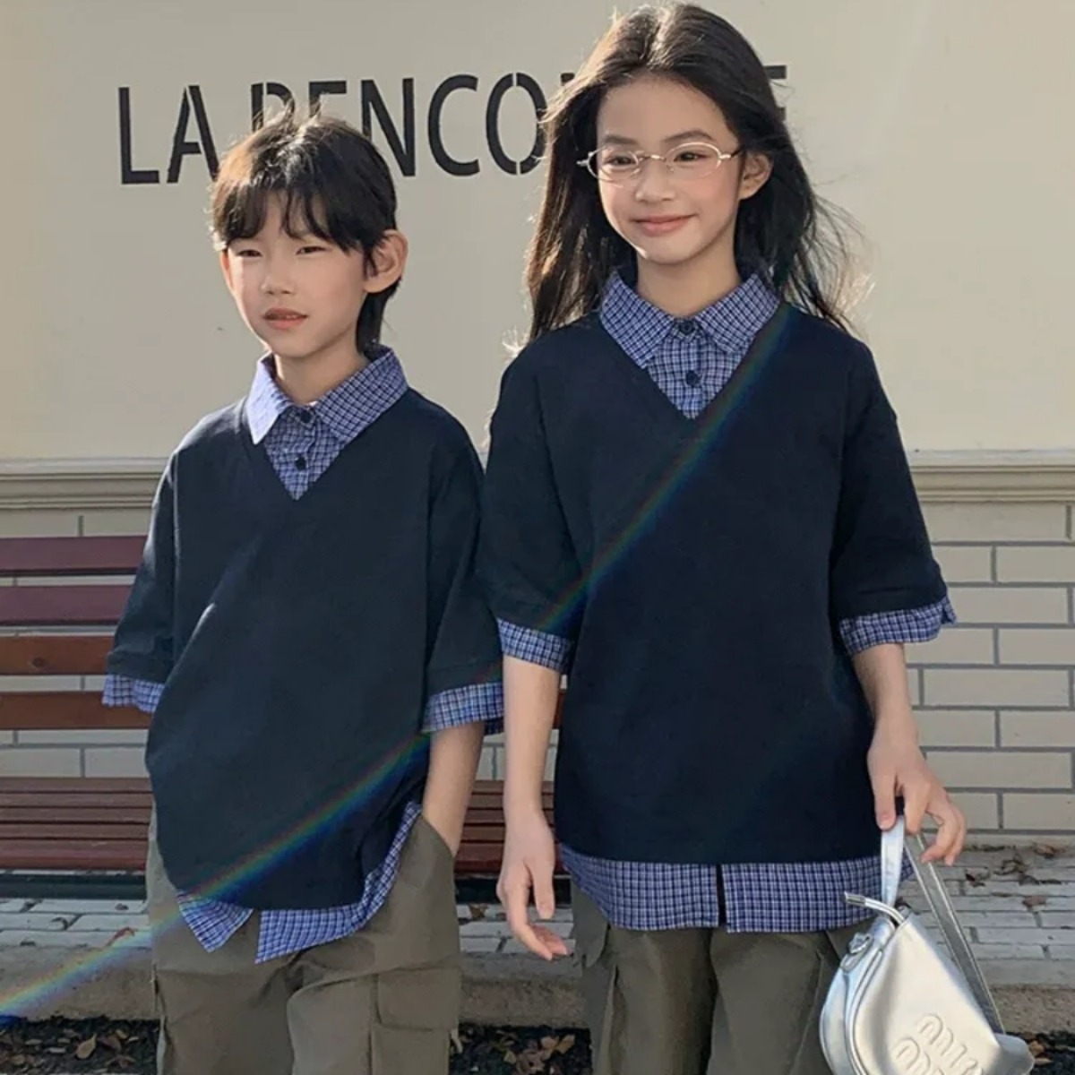 親子ペアルック シャツレイヤード風 5分袖トップス