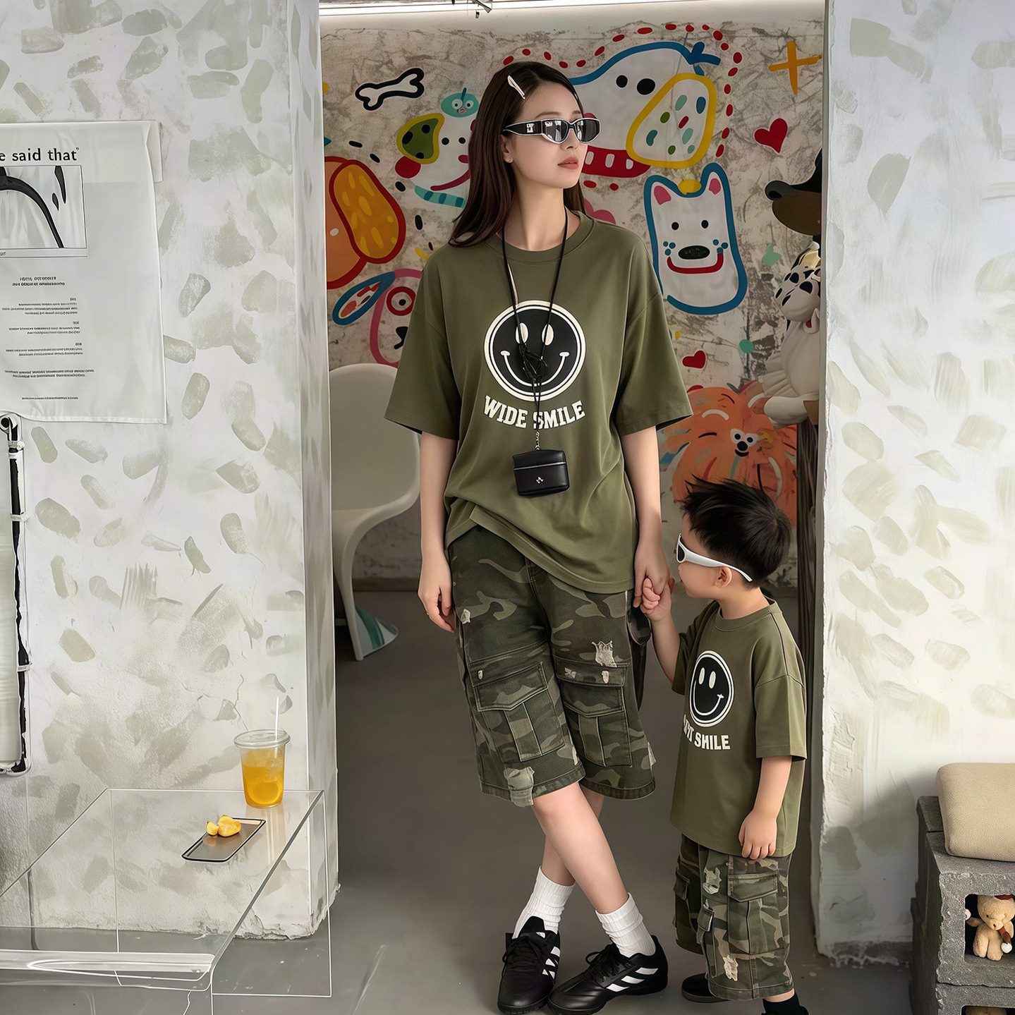 親子ペアルック WIDE SMILE ストリート風Tシャツ＆ロンパース