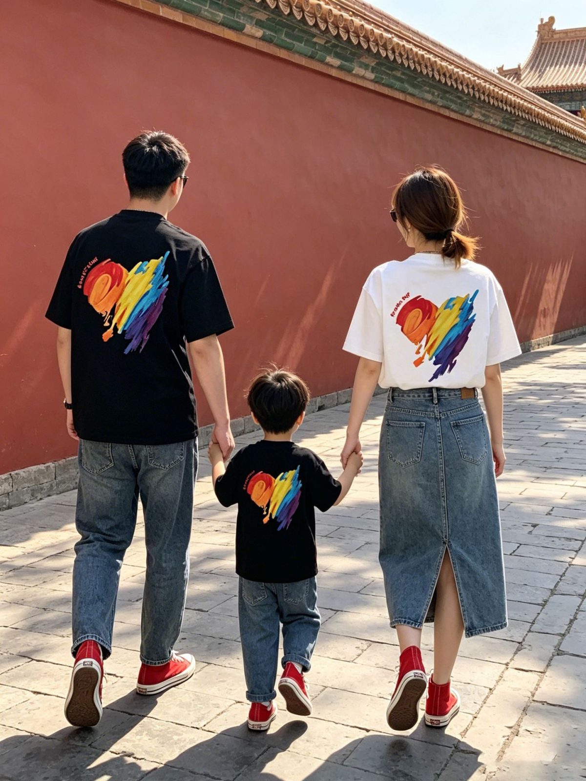 親子ペアルック レインボーペイントハートTシャツ