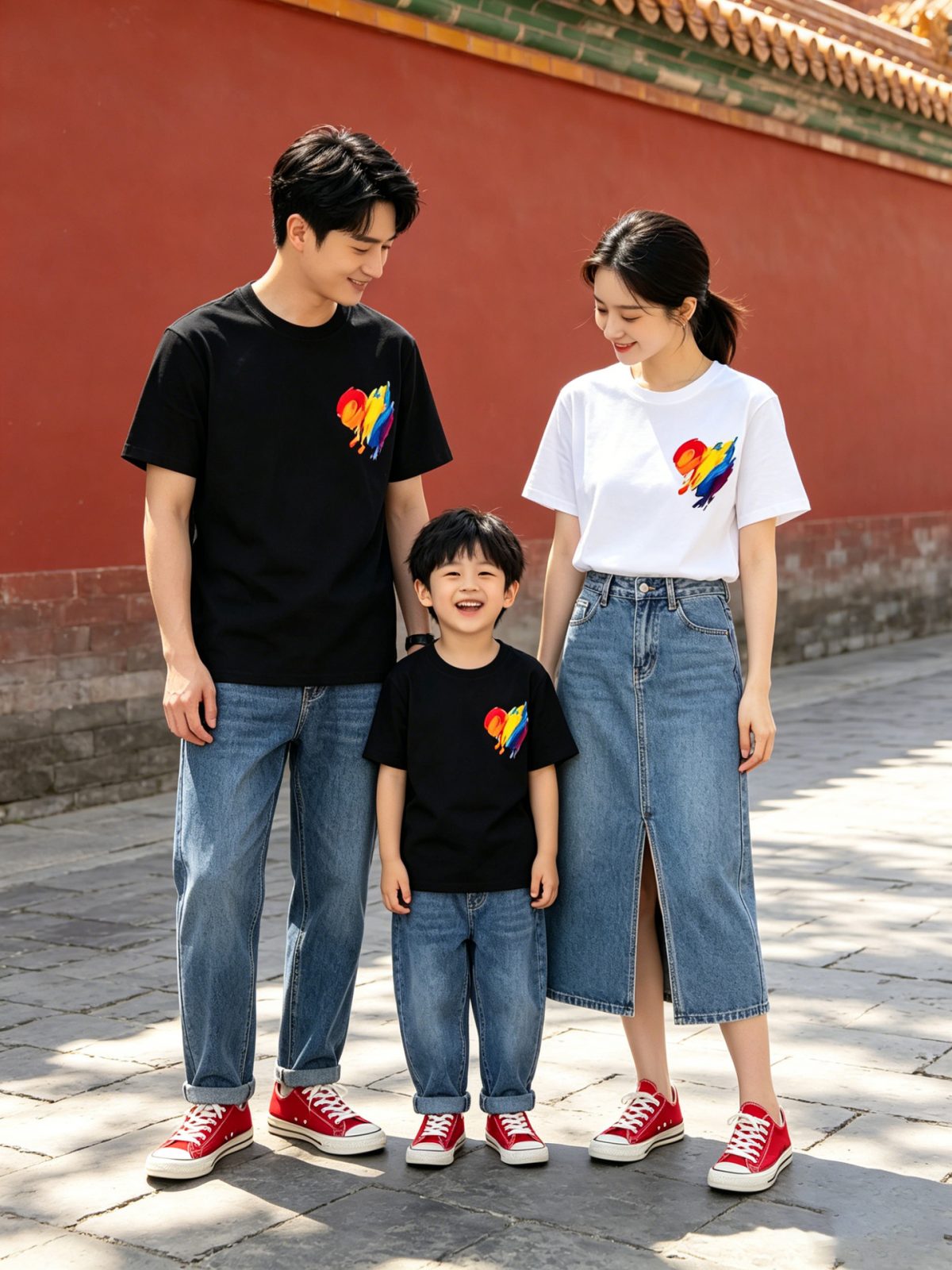 親子ペアルック レインボーペイントハートTシャツ