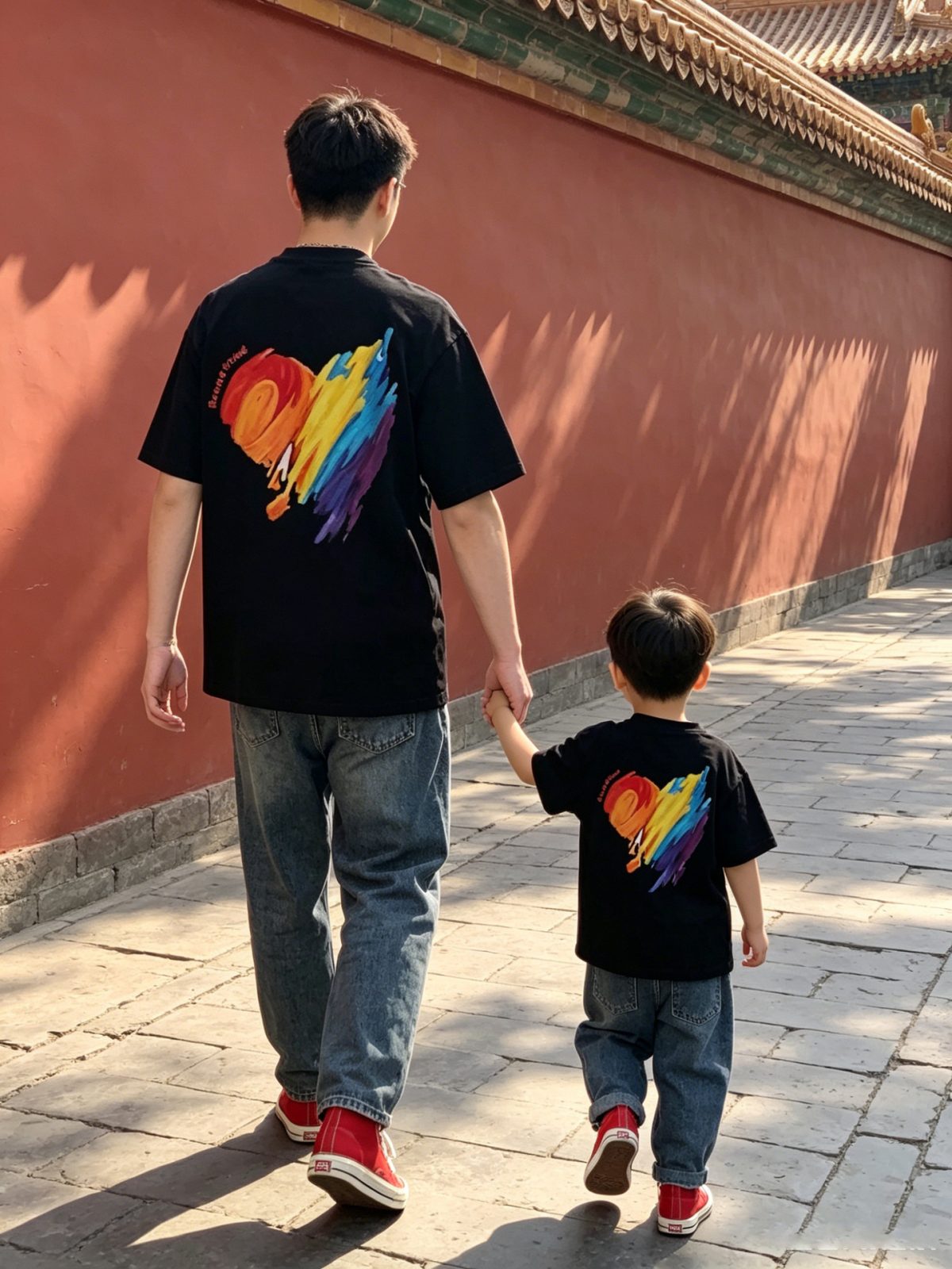 親子ペアルック レインボーペイントハートTシャツ ブラック