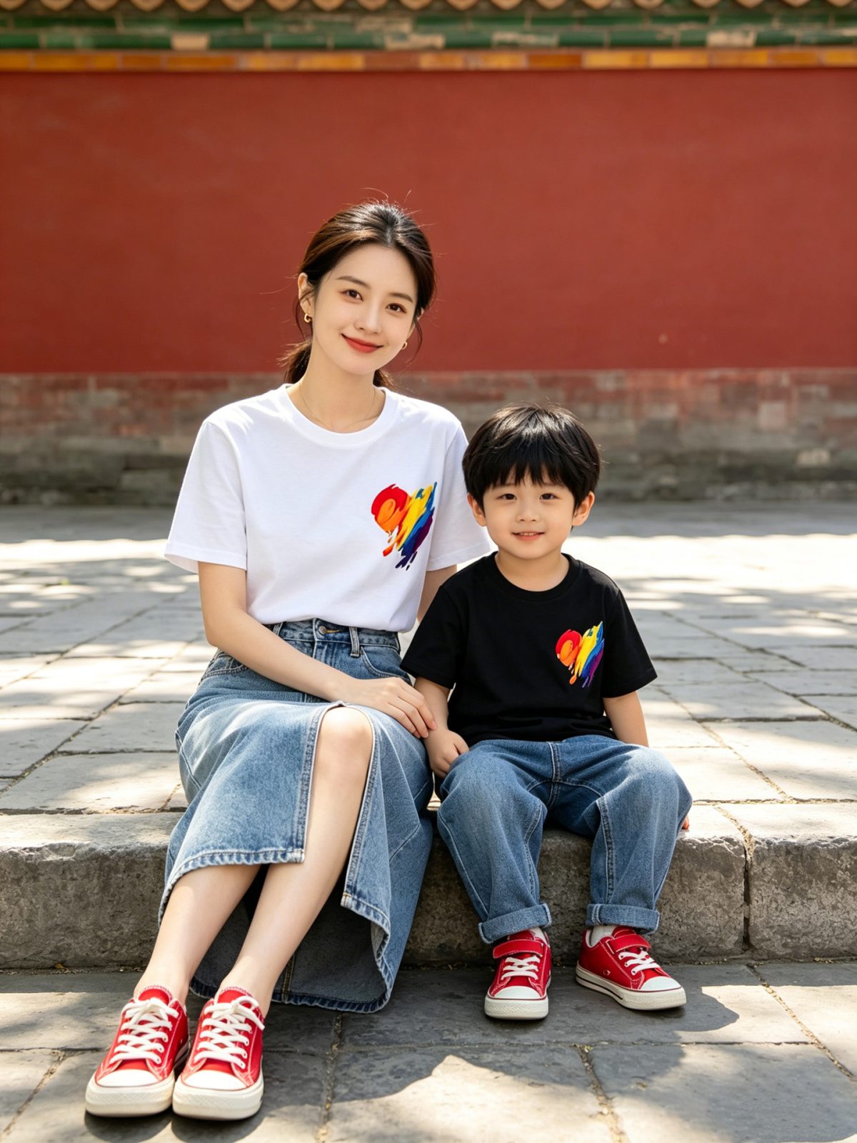 親子ペアルック レインボーペイントハートTシャツ