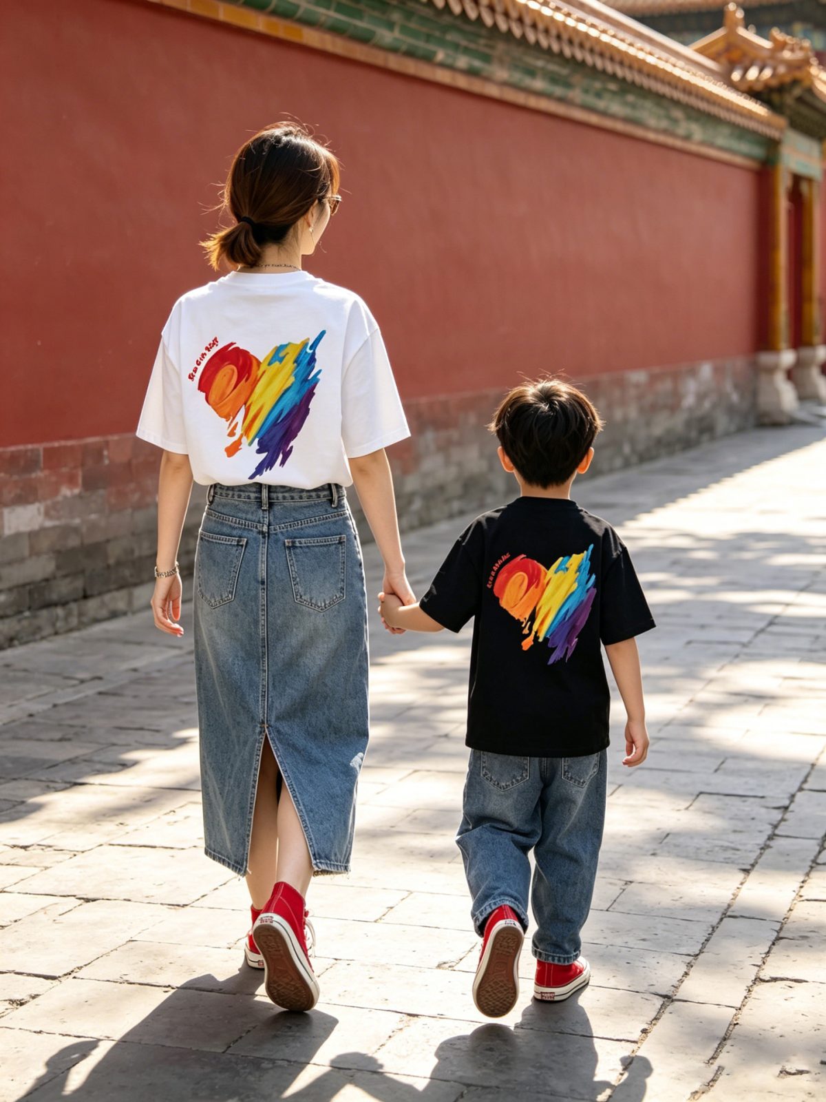親子ペアルック レインボーペイントハートTシャツ