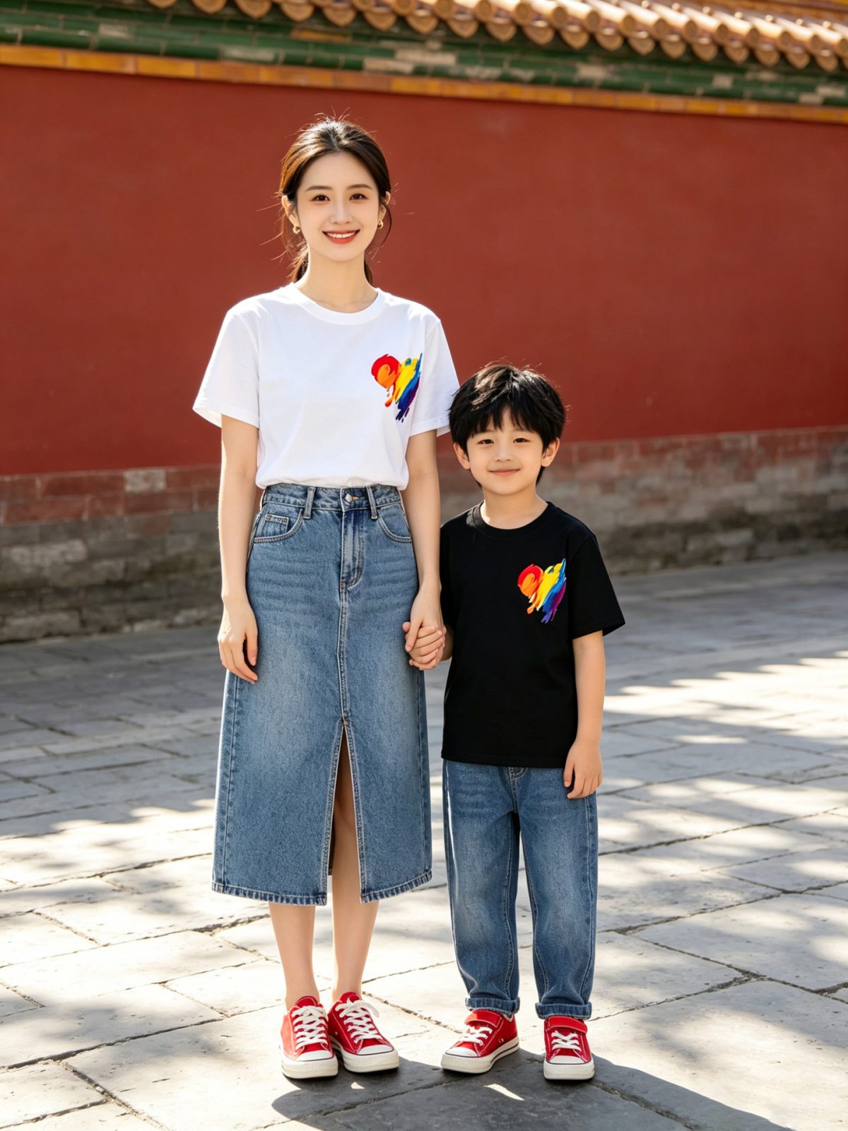親子ペアルック レインボーペイントハートTシャツ ホワイト