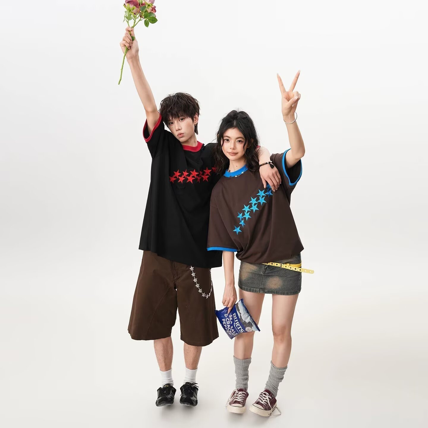 カップルペアルック シューティングスター 配色Tシャツ