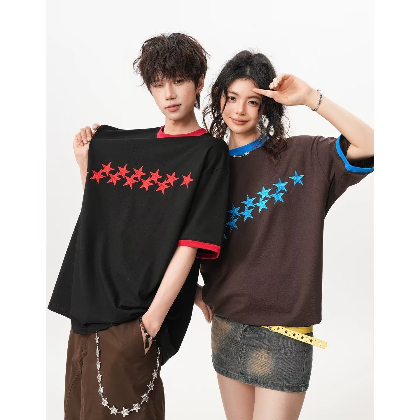 カップルペアルック シューティングスター 配色Tシャツ