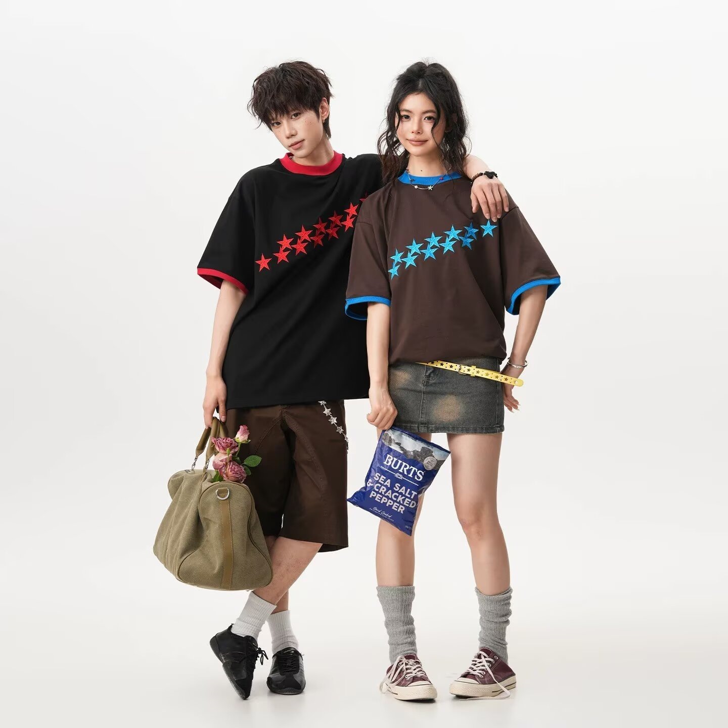 カップルペアルック シューティングスター 配色Tシャツ