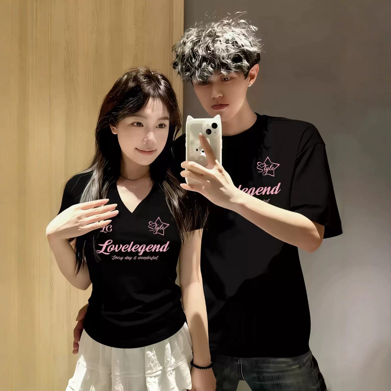 カップルペアルック シルエットで魅せる「Lovelegend」プリントTシャツ ブラック