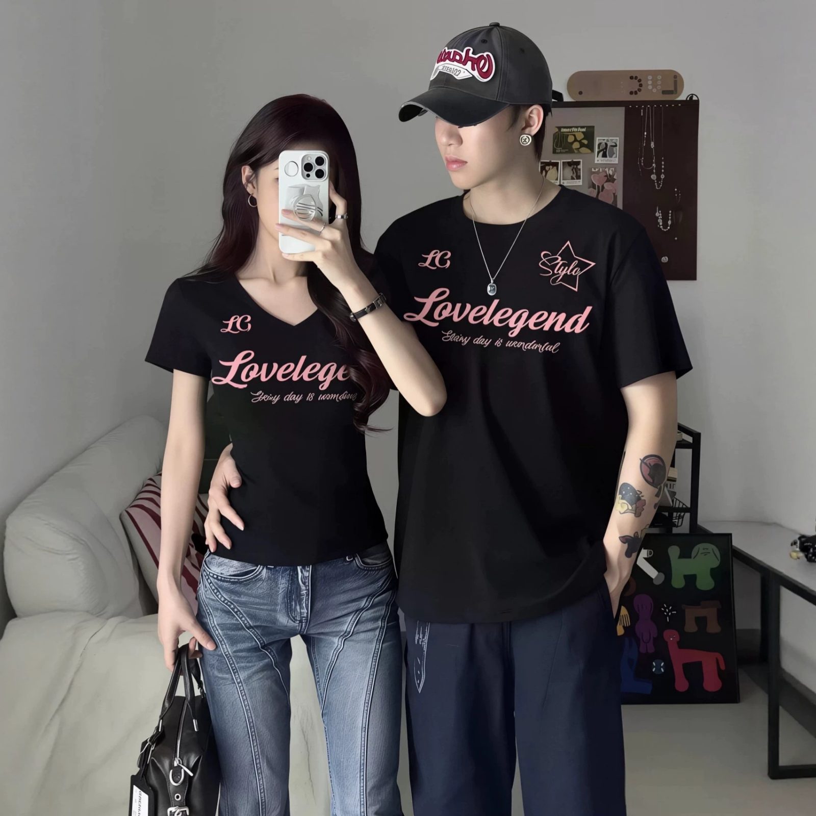 カップルペアルック シルエットで魅せる「Lovelegend」プリントTシャツ