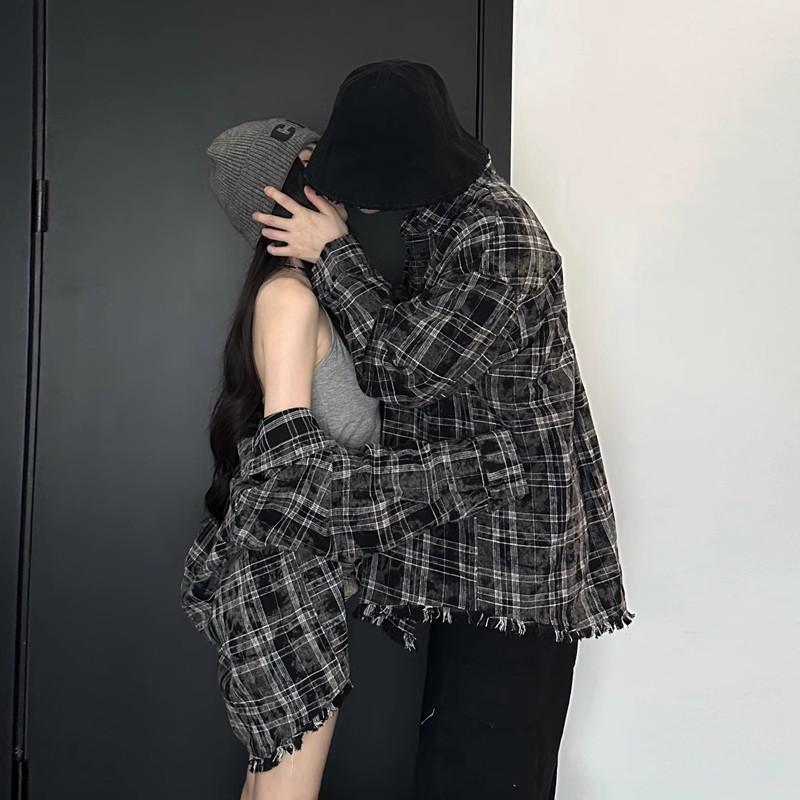 カップルペアルック モノトーンチェック ヴィンテージ風シャツ