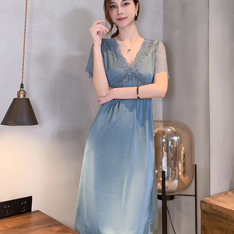 カップルペアルック サテン調パジャマ（男性ハーフパンツ・女性スリップドレス） グリーングレー レディース